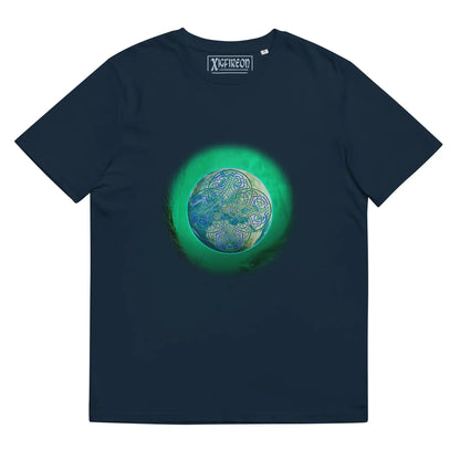 A French navy blue Xigfireon graphic organic cotton t-shirt featuring the Deep Forest iteration of the Reach Of The Spirit Celtic knot design. The Reach Of The Spirit Celtic knot represents the glorious Earth.