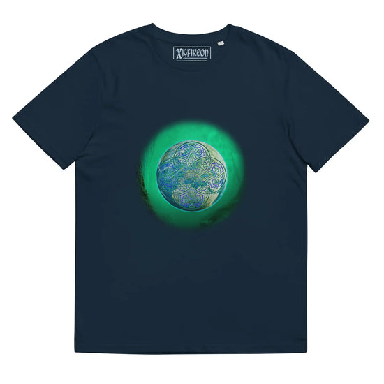 A French navy blue Xigfireon graphic organic cotton t-shirt featuring the Deep Forest iteration of the Reach Of The Spirit Celtic knot design. The Reach Of The Spirit Celtic knot represents the glorious Earth.