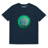 A French navy blue Xigfireon graphic organic cotton t-shirt featuring the Deep Forest iteration of the Reach Of The Spirit Celtic knot design. The Reach Of The Spirit Celtic knot represents the glorious Earth.