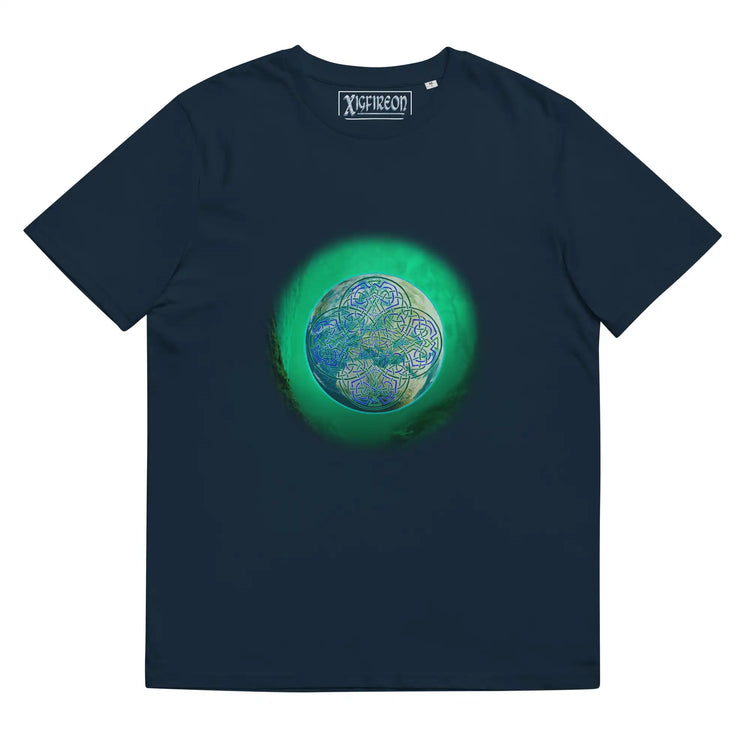 A French navy blue Xigfireon graphic organic cotton t-shirt featuring the Deep Forest iteration of the Reach Of The Spirit Celtic knot design. The Reach Of The Spirit Celtic knot represents the glorious Earth.
