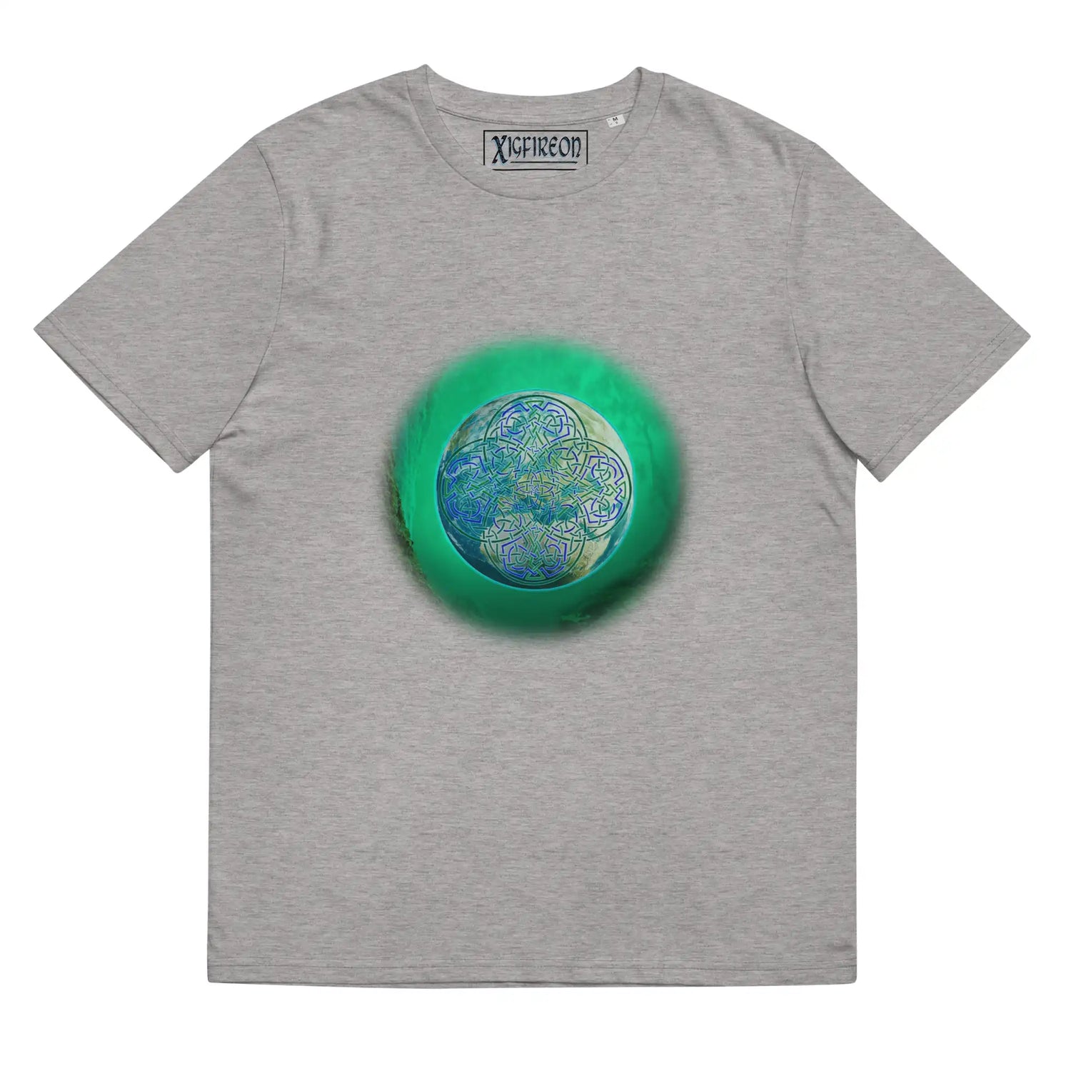 A heather grey Xigfireon graphic organic cotton t-shirt featuring the Deep Forest iteration of the Reach Of The Spirit Celtic knot design. The Reach Of The Spirit Celtic knot represents the glorious Earth.
