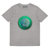 A heather grey Xigfireon graphic organic cotton t-shirt featuring the Deep Forest iteration of the Reach Of The Spirit Celtic knot design. The Reach Of The Spirit Celtic knot represents the glorious Earth.