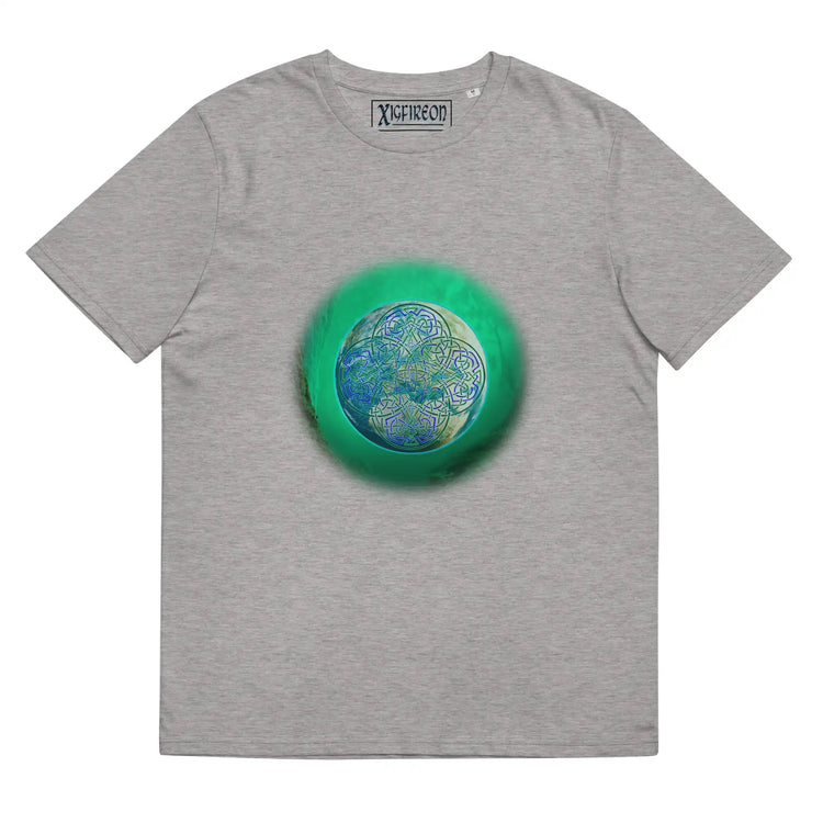 A heather grey Xigfireon graphic organic cotton t-shirt featuring the Deep Forest iteration of the Reach Of The Spirit Celtic knot design. The Reach Of The Spirit Celtic knot represents the glorious Earth.