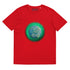 A red Xigfireon graphic organic cotton t-shirt featuring the Deep Forest iteration of the Reach Of The Spirit Celtic knot design. The Reach Of The Spirit Celtic knot represents the glorious Earth.
