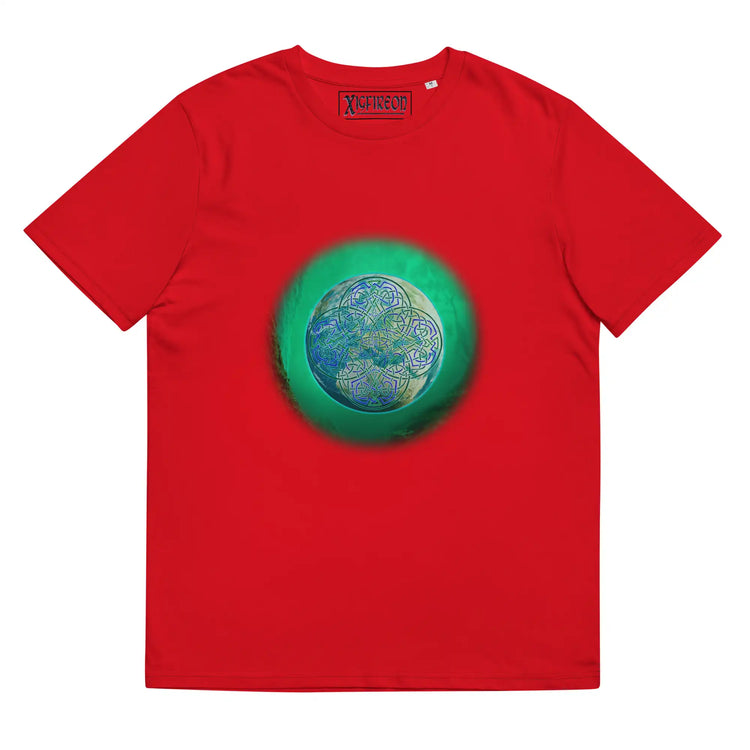 A red Xigfireon graphic organic cotton t-shirt featuring the Deep Forest iteration of the Reach Of The Spirit Celtic knot design. The Reach Of The Spirit Celtic knot represents the glorious Earth.