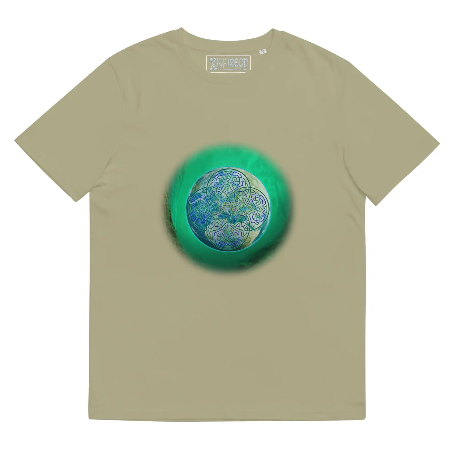 A sage Xigfireon graphic organic cotton t-shirt featuring the Deep Forest iteration of the Reach Of The Spirit Celtic knot design. The Reach Of The Spirit Celtic knot represents the glorious Earth.