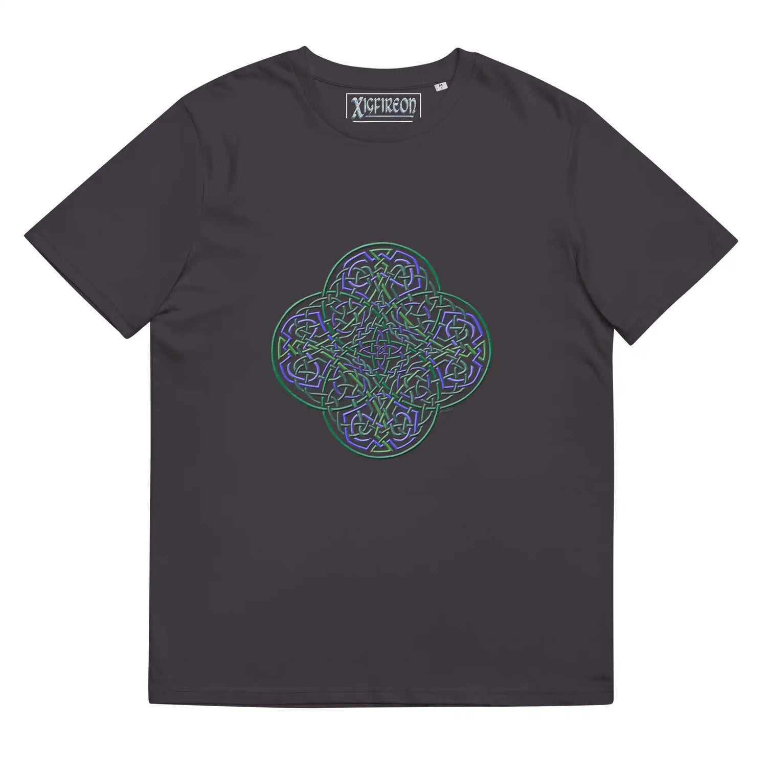 An anthracite Xigfireon graphic organic cotton t-shirt featuring the Living Colour iteration of the Reach Of The Spirit Celtic knot design. The Reach Of The Spirit Celtic knot represents our amazing Mother Earth.