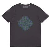 An anthracite Xigfireon graphic organic cotton t-shirt featuring the Living Colour iteration of the Reach Of The Spirit Celtic knot design. The Reach Of The Spirit Celtic knot represents our amazing Mother Earth.