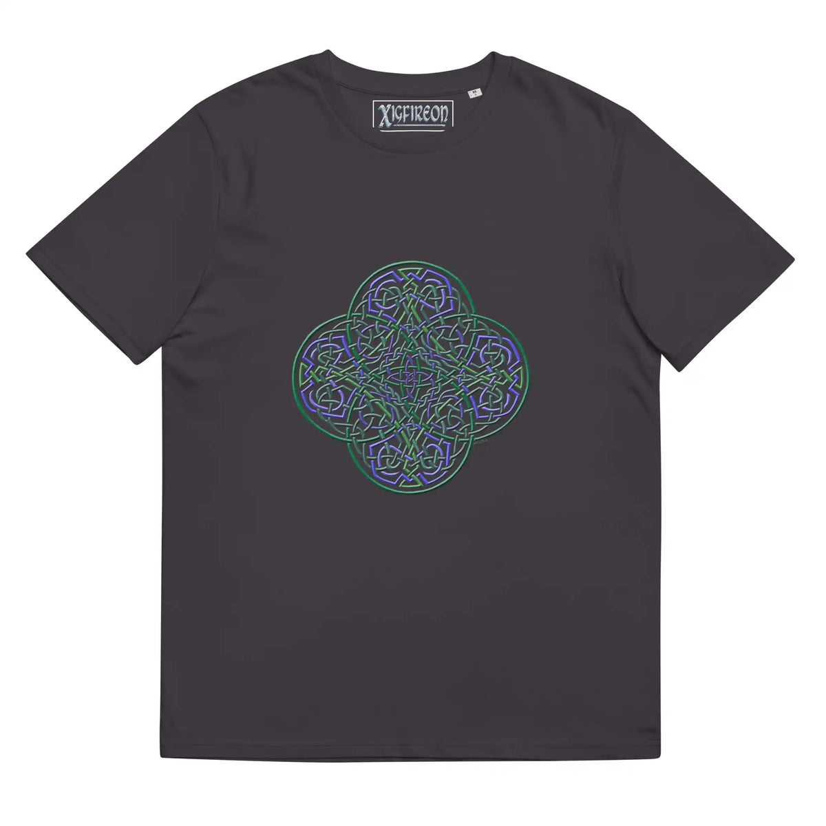 An anthracite Xigfireon graphic organic cotton t-shirt featuring the Living Colour iteration of the Reach Of The Spirit Celtic knot design. The Reach Of The Spirit Celtic knot represents our amazing Mother Earth.