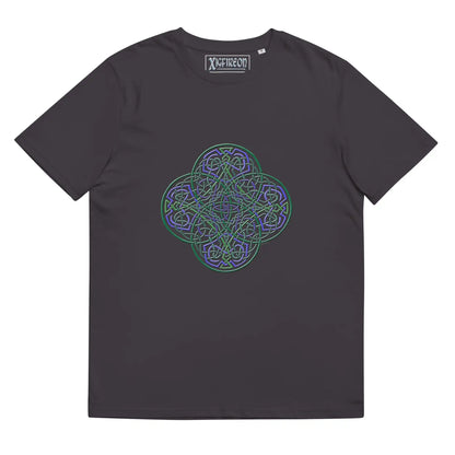 An anthracite Xigfireon graphic organic cotton t-shirt featuring the Living Colour iteration of the Reach Of The Spirit Celtic knot design. The Reach Of The Spirit Celtic knot represents our amazing Mother Earth.