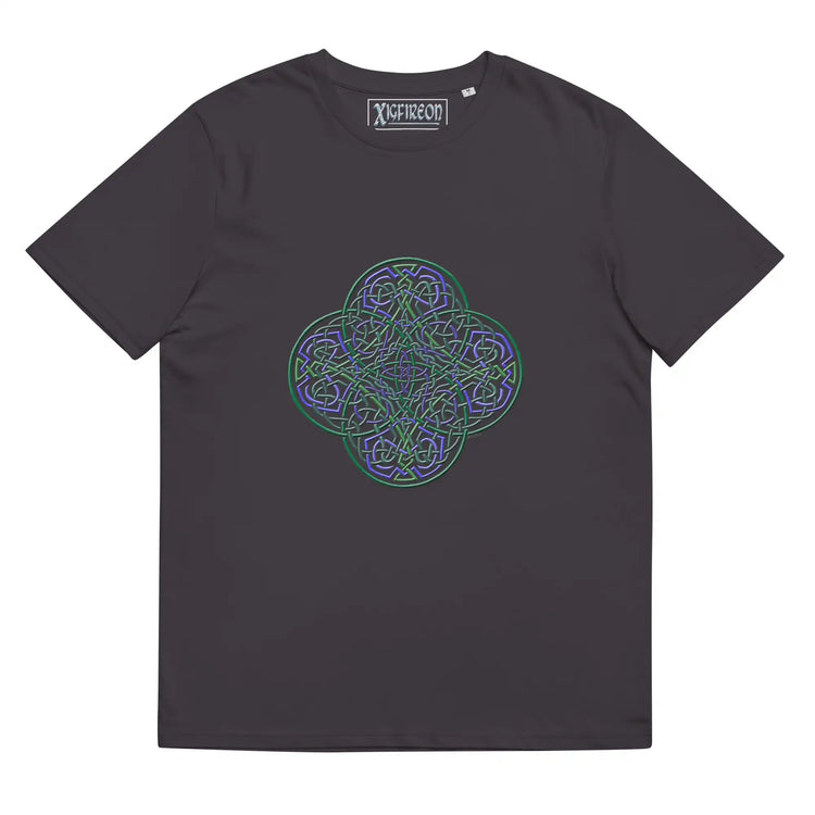 An anthracite Xigfireon graphic organic cotton t-shirt featuring the Living Colour iteration of the Reach Of The Spirit Celtic knot design. The Reach Of The Spirit Celtic knot represents our amazing Mother Earth.