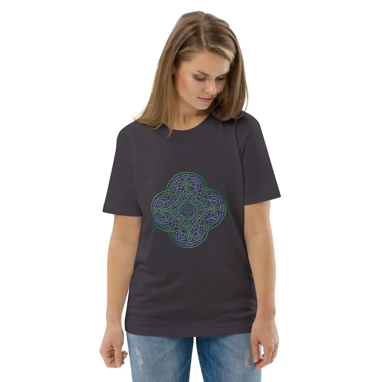 A young woman wearing an anthracite Xigfireon graphic organic cotton t-shirt featuring the Living Colour iteration of the Reach Of The Spirit Celtic knot design. The Reach Of The Spirit Celtic knot represents our amazing Mother Earth.