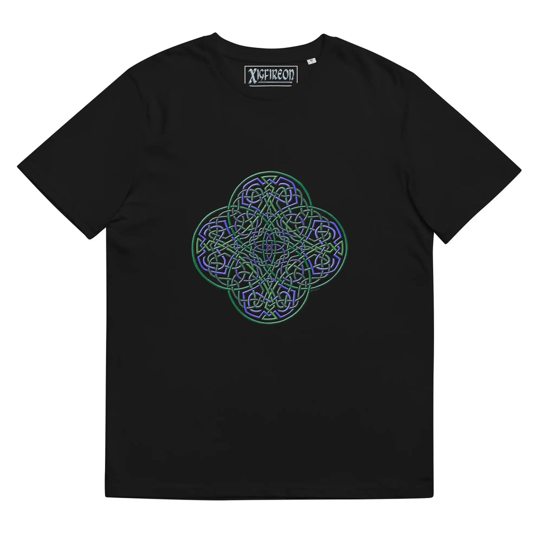 A black Xigfireon graphic organic cotton t-shirt featuring the Living Colour iteration of the Reach Of The Spirit Celtic knot design. The Reach Of The Spirit Celtic knot represents our amazing Mother Earth.