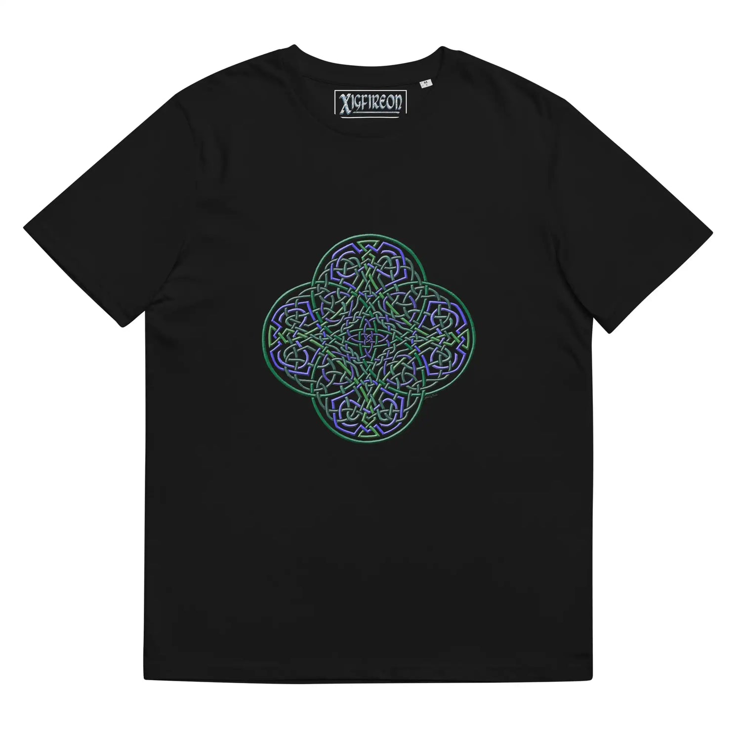 A black Xigfireon graphic organic cotton t-shirt featuring the Living Colour iteration of the Reach Of The Spirit Celtic knot design. The Reach Of The Spirit Celtic knot represents our amazing Mother Earth.