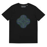 A black Xigfireon graphic organic cotton t-shirt featuring the Living Colour iteration of the Reach Of The Spirit Celtic knot design. The Reach Of The Spirit Celtic knot represents our amazing Mother Earth.