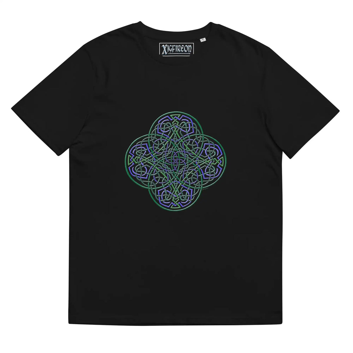 A black Xigfireon graphic organic cotton t-shirt featuring the Living Colour iteration of the Reach Of The Spirit Celtic knot design. The Reach Of The Spirit Celtic knot represents our amazing Mother Earth.