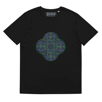 A black Xigfireon graphic organic cotton t-shirt featuring the Living Colour iteration of the Reach Of The Spirit Celtic knot design. The Reach Of The Spirit Celtic knot represents our amazing Mother Earth.