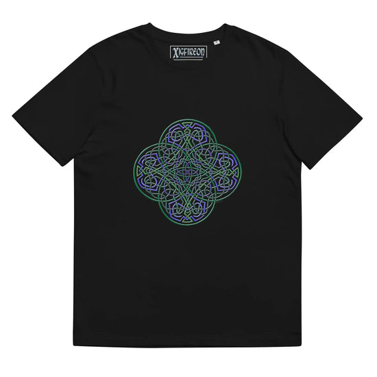 A black Xigfireon graphic organic cotton t-shirt featuring the Living Colour iteration of the Reach Of The Spirit Celtic knot design. The Reach Of The Spirit Celtic knot represents our amazing Mother Earth.