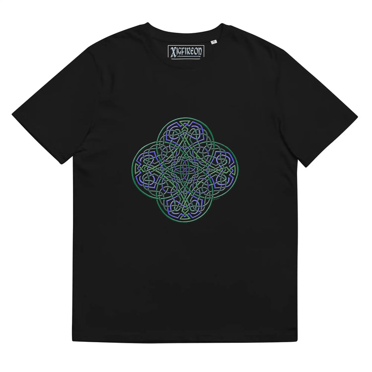 A black Xigfireon graphic organic cotton t-shirt featuring the Living Colour iteration of the Reach Of The Spirit Celtic knot design. The Reach Of The Spirit Celtic knot represents our amazing Mother Earth.