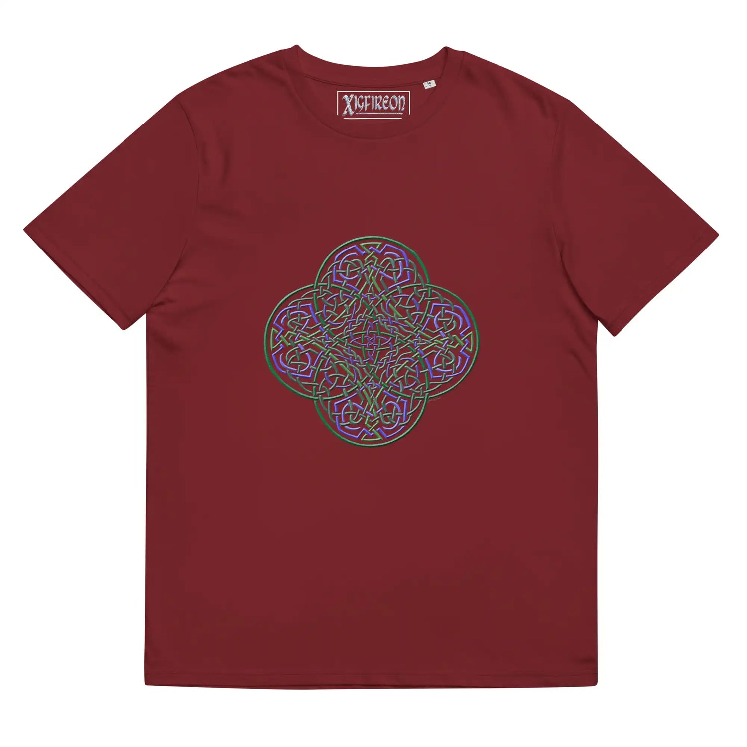 A burgundy Xigfireon graphic organic cotton t-shirt featuring the Living Colour iteration of the Reach Of The Spirit Celtic knot design. The Reach Of The Spirit Celtic knot represents our amazing Mother Earth.