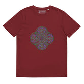A burgundy Xigfireon graphic organic cotton t-shirt featuring the Living Colour iteration of the Reach Of The Spirit Celtic knot design. The Reach Of The Spirit Celtic knot represents our amazing Mother Earth.
