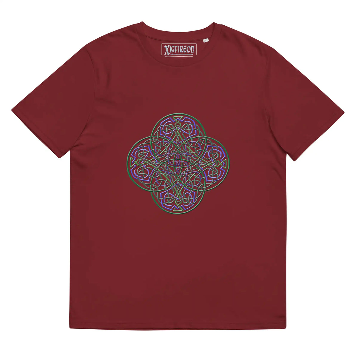 A burgundy Xigfireon graphic organic cotton t-shirt featuring the Living Colour iteration of the Reach Of The Spirit Celtic knot design. The Reach Of The Spirit Celtic knot represents our amazing Mother Earth.