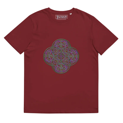 A burgundy Xigfireon graphic organic cotton t-shirt featuring the Living Colour iteration of the Reach Of The Spirit Celtic knot design. The Reach Of The Spirit Celtic knot represents our amazing Mother Earth.