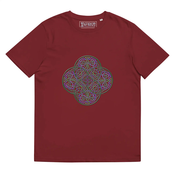 A burgundy Xigfireon graphic organic cotton t-shirt featuring the Living Colour iteration of the Reach Of The Spirit Celtic knot design. The Reach Of The Spirit Celtic knot represents our amazing Mother Earth.