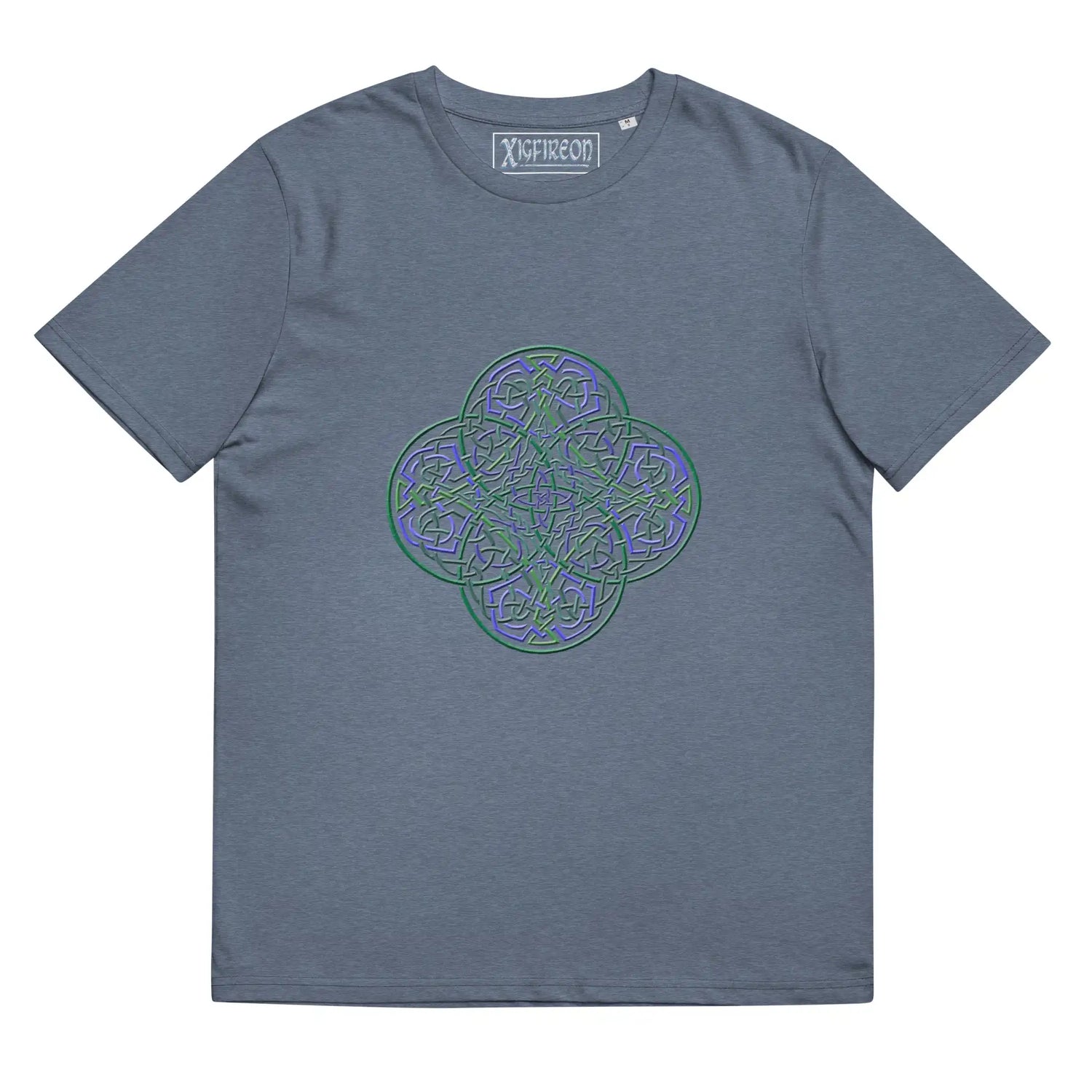 A dark heather blue Xigfireon graphic organic cotton t-shirt featuring the Living Colour iteration of the Reach Of The Spirit Celtic knot design. The Reach Of The Spirit Celtic knot represents our amazing Mother Earth.