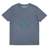 A dark heather blue Xigfireon graphic organic cotton t-shirt featuring the Living Colour iteration of the Reach Of The Spirit Celtic knot design. The Reach Of The Spirit Celtic knot represents our amazing Mother Earth.