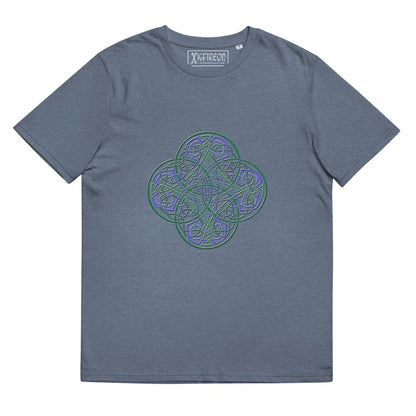 A dark heather blue Xigfireon graphic organic cotton t-shirt featuring the Living Colour iteration of the Reach Of The Spirit Celtic knot design. The Reach Of The Spirit Celtic knot represents our amazing Mother Earth.