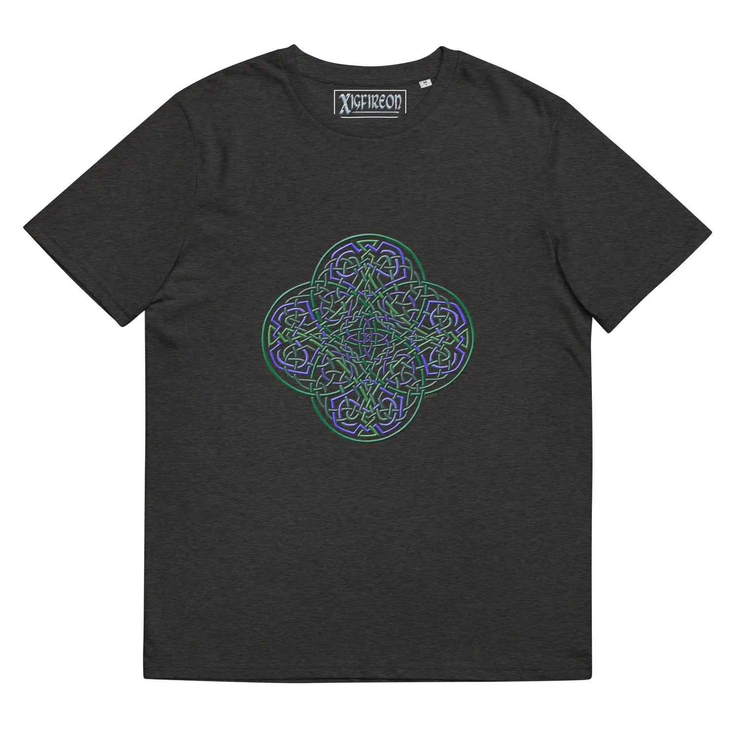 A dark heather grey Xigfireon graphic organic cotton t-shirt featuring the Living Colour iteration of the Reach Of The Spirit Celtic knot design. The Reach Of The Spirit Celtic knot represents our amazing Mother Earth.