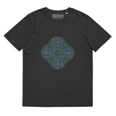 A dark heather grey Xigfireon graphic organic cotton t-shirt featuring the Living Colour iteration of the Reach Of The Spirit Celtic knot design. The Reach Of The Spirit Celtic knot represents our amazing Mother Earth.