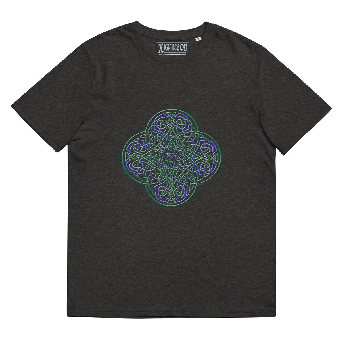 A dark heather grey Xigfireon graphic organic cotton t-shirt featuring the Living Colour iteration of the Reach Of The Spirit Celtic knot design. The Reach Of The Spirit Celtic knot represents our amazing Mother Earth.