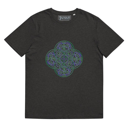 A dark heather grey Xigfireon graphic organic cotton t-shirt featuring the Living Colour iteration of the Reach Of The Spirit Celtic knot design. The Reach Of The Spirit Celtic knot represents our amazing Mother Earth.