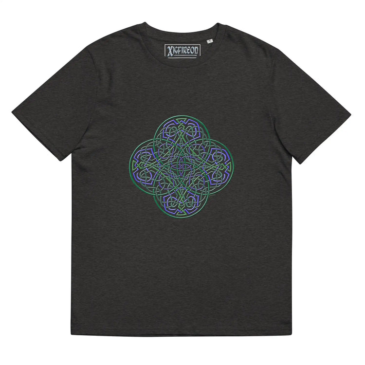 A dark heather grey Xigfireon graphic organic cotton t-shirt featuring the Living Colour iteration of the Reach Of The Spirit Celtic knot design. The Reach Of The Spirit Celtic knot represents our amazing Mother Earth.