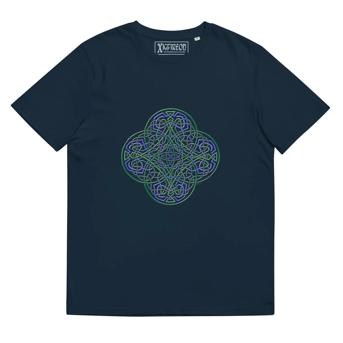 A French navy blue Xigfireon graphic organic cotton t-shirt featuring the Living Colour iteration of the Reach Of The Spirit Celtic knot design. The Reach Of The Spirit Celtic knot represents our amazing Mother Earth.