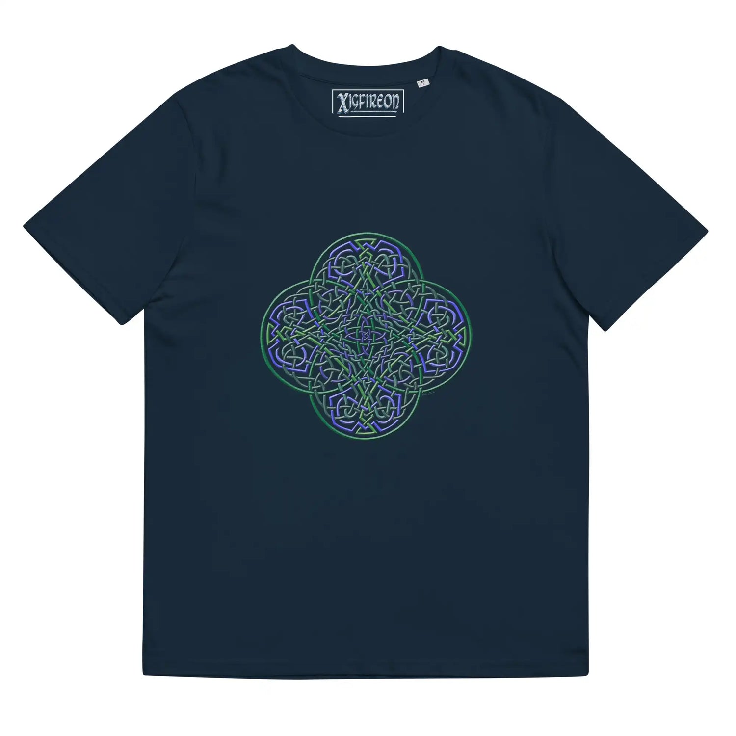 A French navy blue Xigfireon graphic organic cotton t-shirt featuring the Living Colour iteration of the Reach Of The Spirit Celtic knot design. The Reach Of The Spirit Celtic knot represents our amazing Mother Earth.