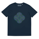 A French navy blue Xigfireon graphic organic cotton t-shirt featuring the Living Colour iteration of the Reach Of The Spirit Celtic knot design. The Reach Of The Spirit Celtic knot represents our amazing Mother Earth.