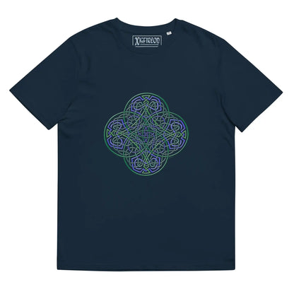 A French navy blue Xigfireon graphic organic cotton t-shirt featuring the Living Colour iteration of the Reach Of The Spirit Celtic knot design. The Reach Of The Spirit Celtic knot represents our amazing Mother Earth.