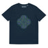 A French navy blue Xigfireon graphic organic cotton t-shirt featuring the Living Colour iteration of the Reach Of The Spirit Celtic knot design. The Reach Of The Spirit Celtic knot represents our amazing Mother Earth.