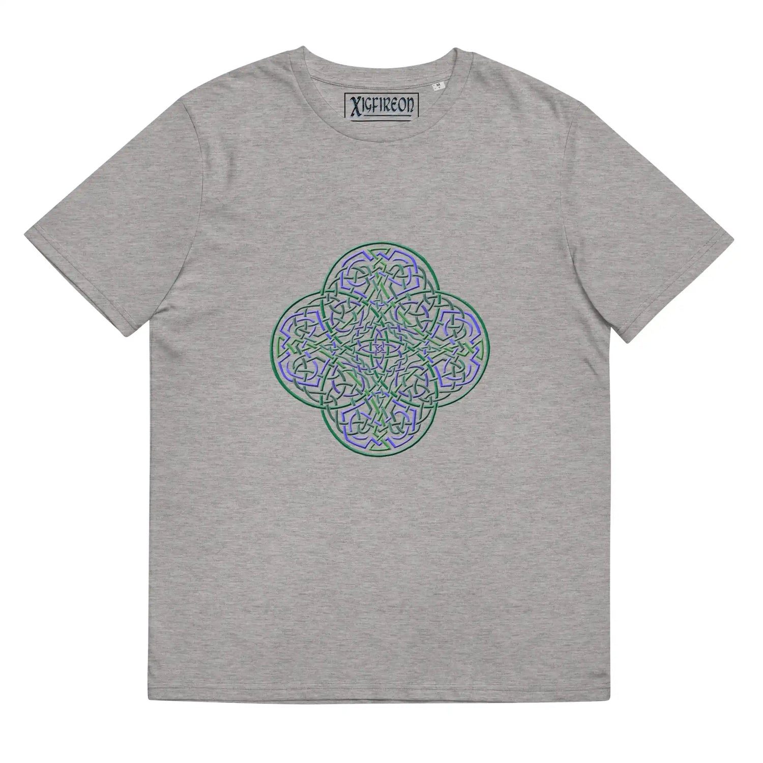 A heather grey Xigfireon graphic organic cotton t-shirt featuring the Living Colour iteration of the Reach Of The Spirit Celtic knot design. The Reach Of The Spirit Celtic knot represents our amazing Mother Earth.
