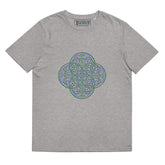 A heather grey Xigfireon graphic organic cotton t-shirt featuring the Living Colour iteration of the Reach Of The Spirit Celtic knot design. The Reach Of The Spirit Celtic knot represents our amazing Mother Earth.