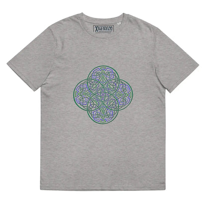 A heather grey Xigfireon graphic organic cotton t-shirt featuring the Living Colour iteration of the Reach Of The Spirit Celtic knot design. The Reach Of The Spirit Celtic knot represents our amazing Mother Earth.