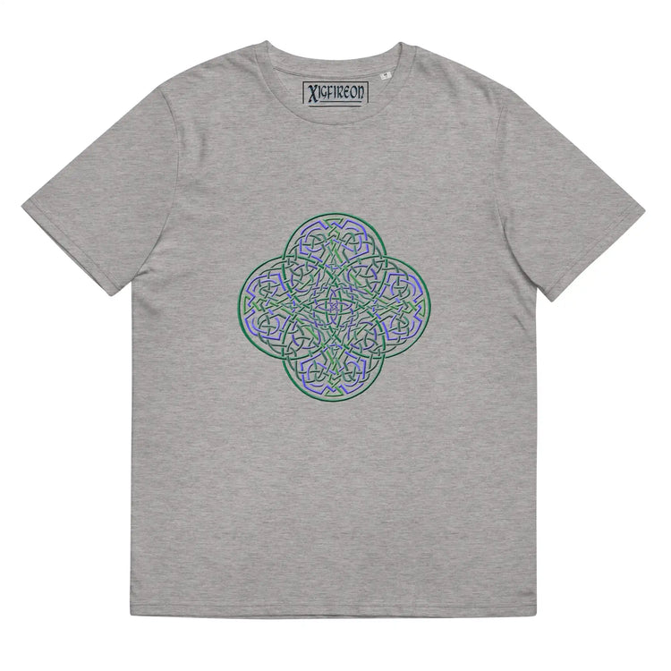 A heather grey Xigfireon graphic organic cotton t-shirt featuring the Living Colour iteration of the Reach Of The Spirit Celtic knot design. The Reach Of The Spirit Celtic knot represents our amazing Mother Earth.