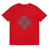 A red Xigfireon graphic organic cotton t-shirt featuring the Living Colour iteration of the Reach Of The Spirit Celtic knot design. The Reach Of The Spirit Celtic knot represents our amazing Mother Earth.