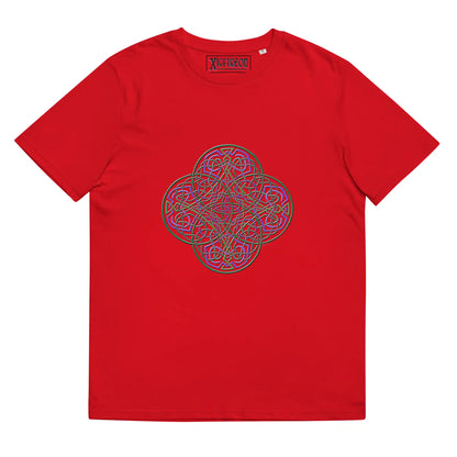 A red Xigfireon graphic organic cotton t-shirt featuring the Living Colour iteration of the Reach Of The Spirit Celtic knot design. The Reach Of The Spirit Celtic knot represents our amazing Mother Earth.