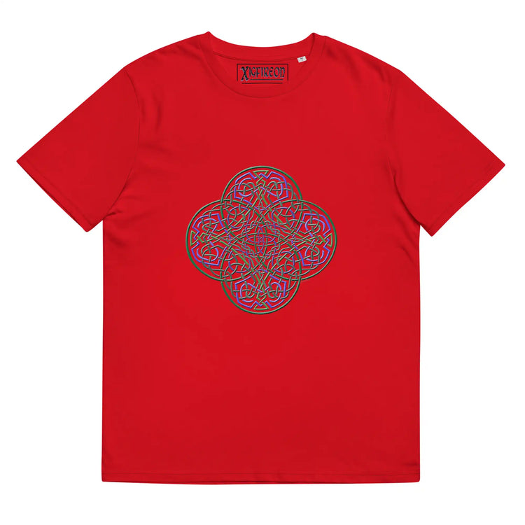A red Xigfireon graphic organic cotton t-shirt featuring the Living Colour iteration of the Reach Of The Spirit Celtic knot design. The Reach Of The Spirit Celtic knot represents our amazing Mother Earth.