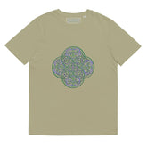 A sage Xigfireon graphic organic cotton t-shirt featuring the Living Colour iteration of the Reach Of The Spirit Celtic knot design. The Reach Of The Spirit Celtic knot represents our amazing Mother Earth.