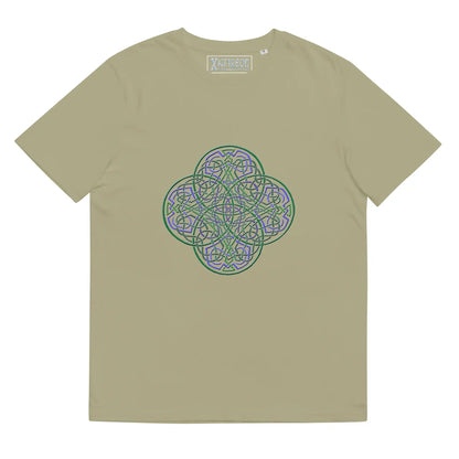 A sage Xigfireon graphic organic cotton t-shirt featuring the Living Colour iteration of the Reach Of The Spirit Celtic knot design. The Reach Of The Spirit Celtic knot represents our amazing Mother Earth.